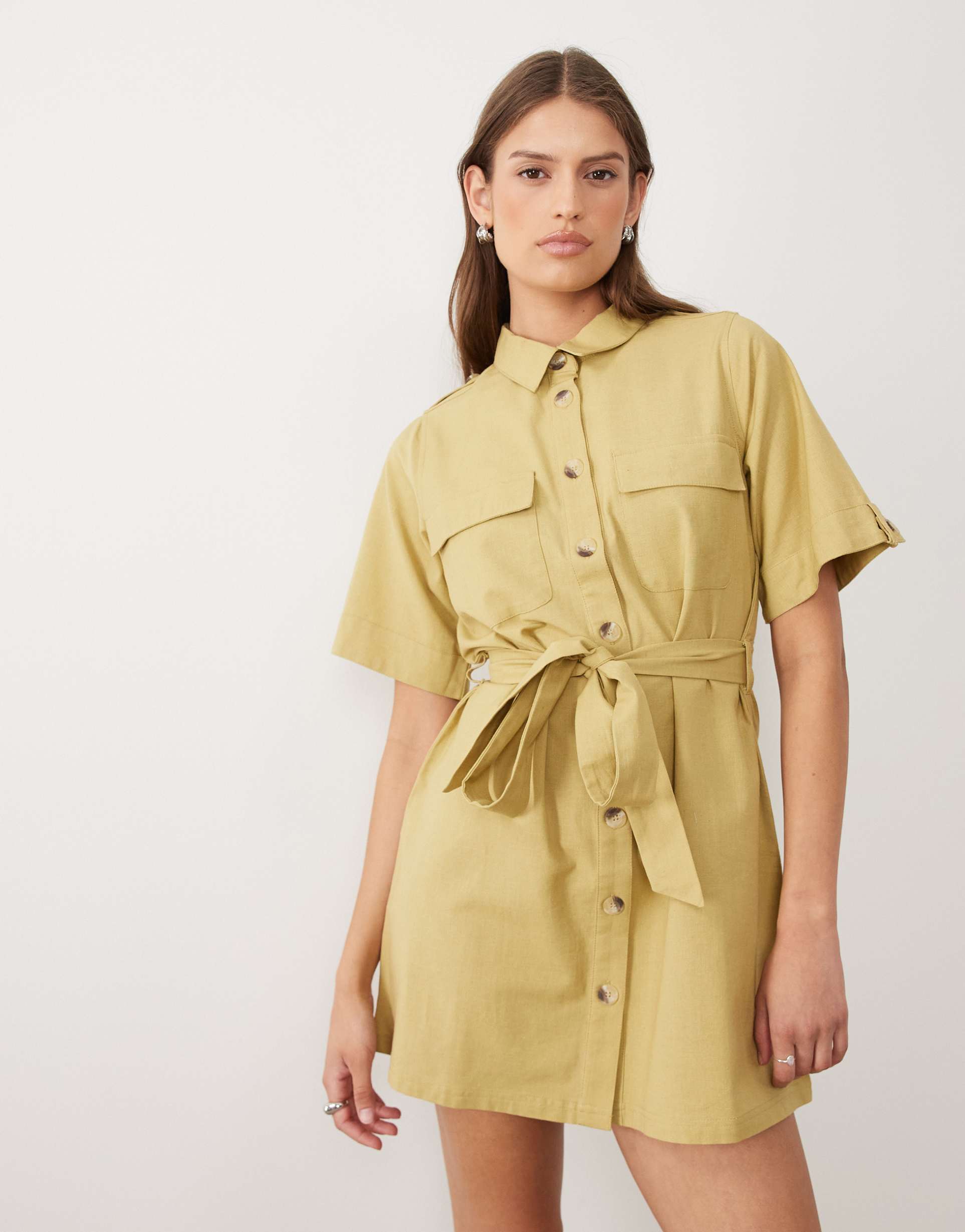 wednesday's girl button up mini shirt dress in warm khaki
