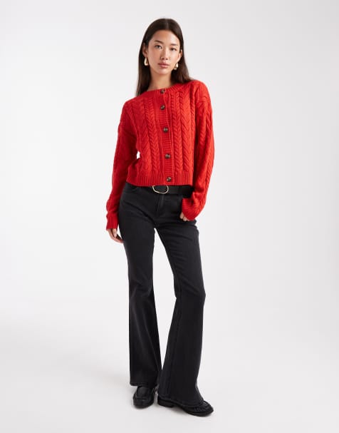 Wednesday's Girl cable knit chunky cardigan in red - view 1