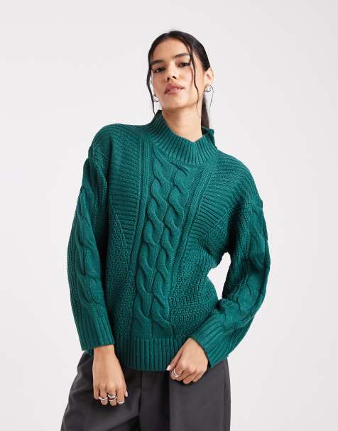 Wednesdays Girl cable knit high neck jumper in forrest green - view 1