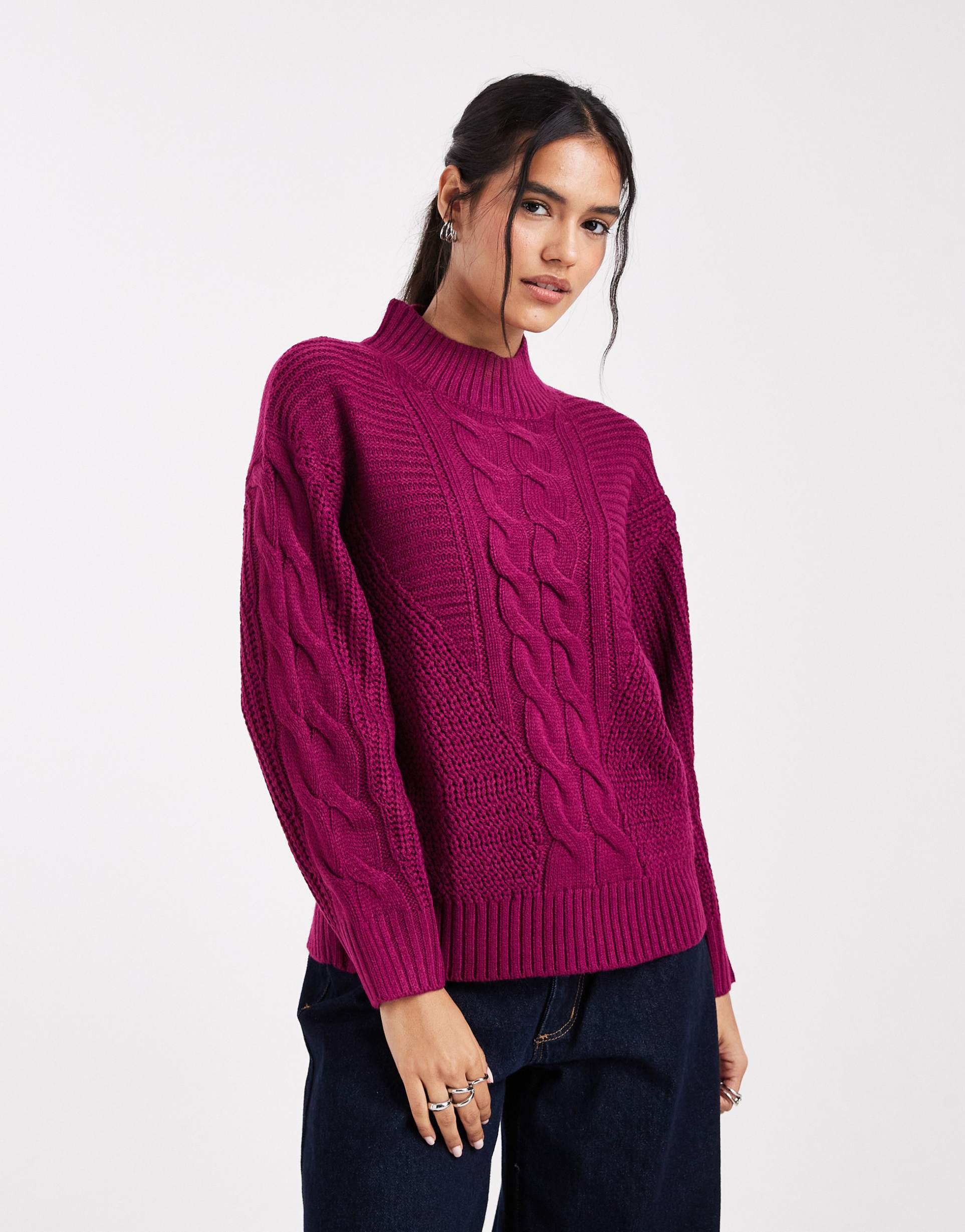 wednesday's girl cable knit high neck sweater in aubergine