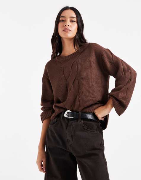 Wednesdays Girl cable knit jumper in chocolate