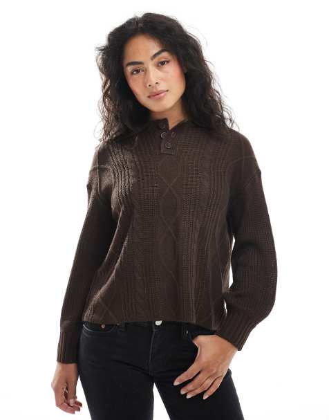 Wednesday's Girl cable knit polo jumper in brown - view 1