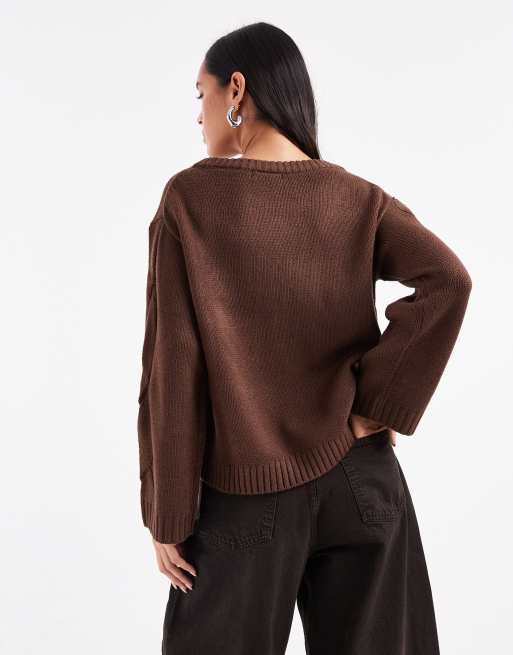 Wednesdays Girl cable knit sweater in chocolate, 2 of 4