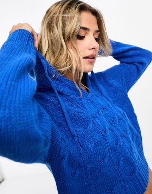 Wednesday's Girl cable knit tie detail hooded jumper in cobalt blue