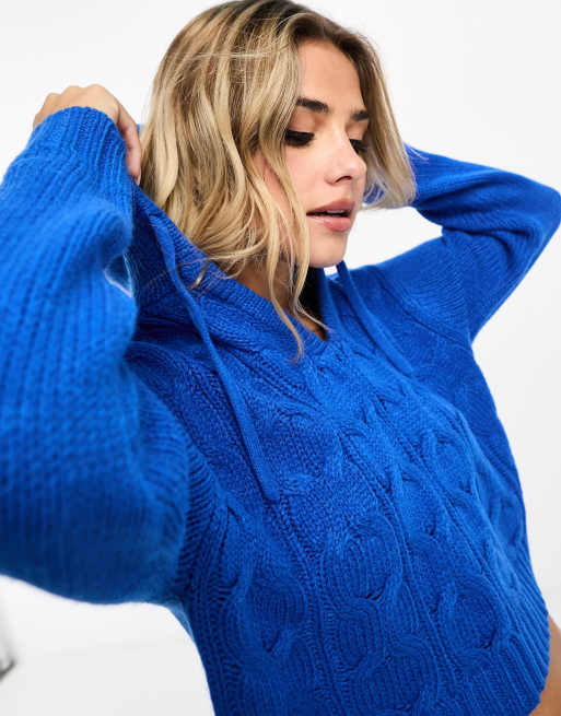 Wednesday's Girl cable knit tie detail hooded jumper in cobalt