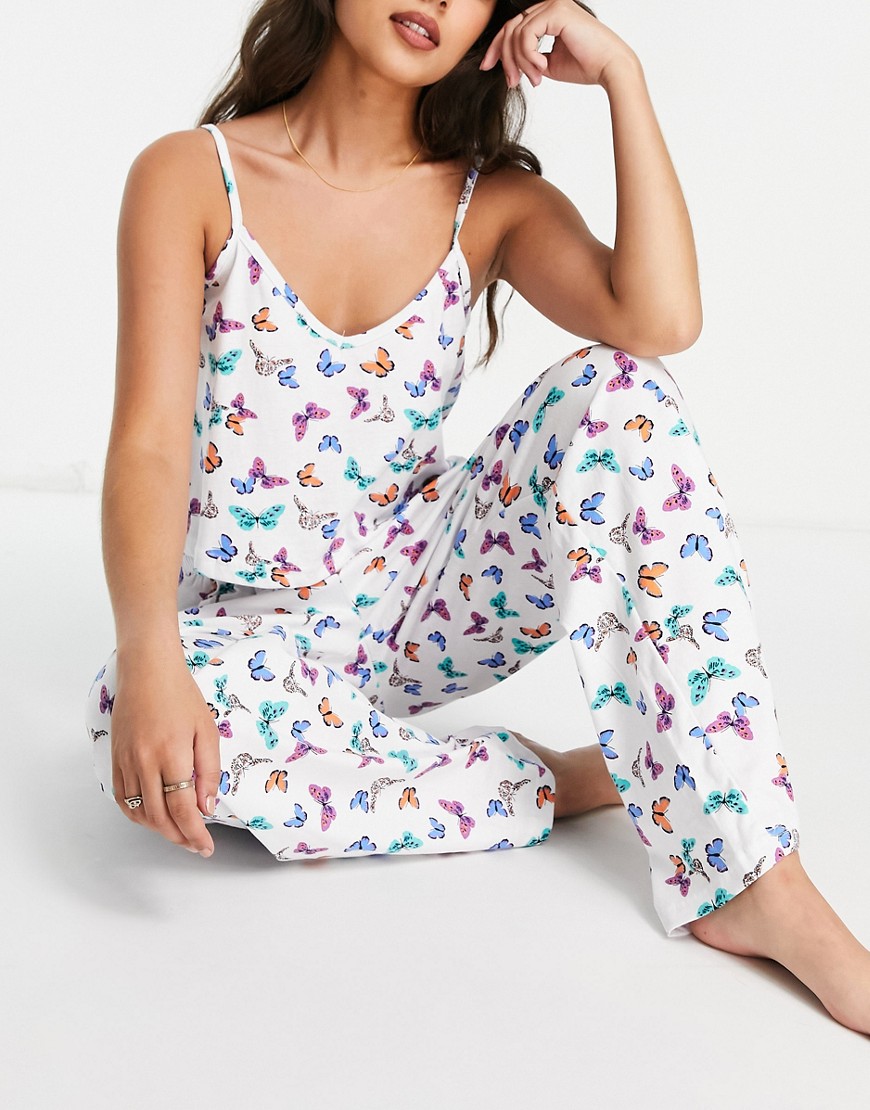 Wednesday's Girl cami and pants pajama set in butterfly print-White