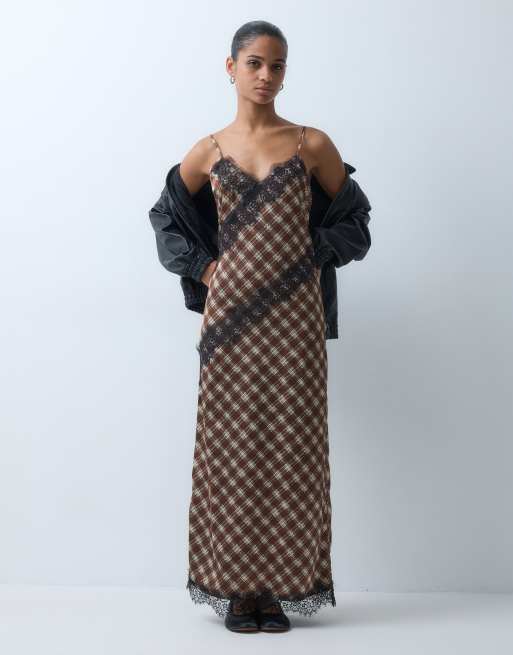 Wednesday's Girl cami maxi slip dress in lace details in brown tartan ...