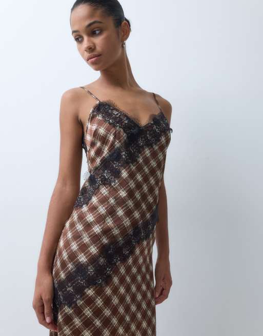 Wednesday's Girl cami maxi slip dress in lace details in brown tartan ...