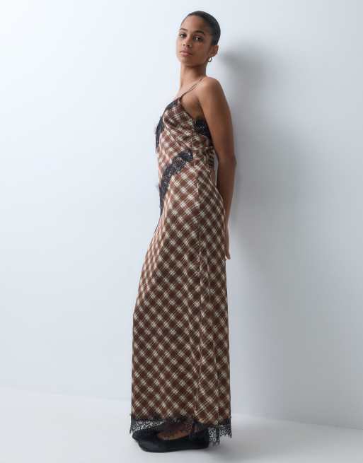 Wednesday's Girl cami maxi slip dress in lace details in brown tartan ...
