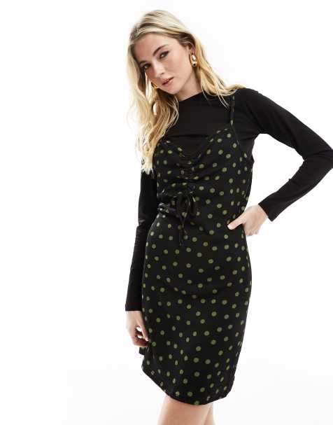 Wednesday's Girl cami overlay long sleeve mini dress in black and khaki spot - view 1