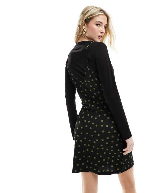 Wednesday s Girl cami overlay long sleeve mini dress in black and khaki spot