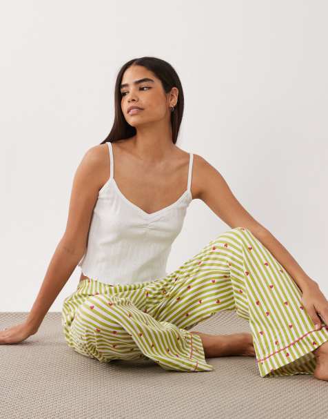Wednesday's Girl cami top and pants pyjama set in green heart stripe - view 1