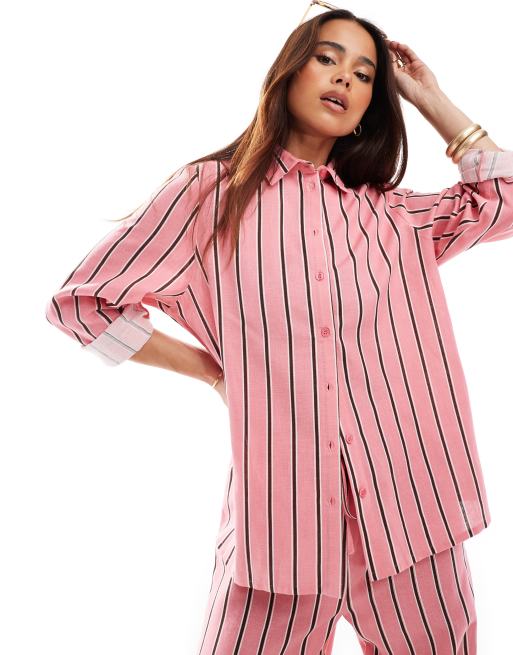 Wednesday's Girl - Camicia a maniche lunghe in lino rosa a righe