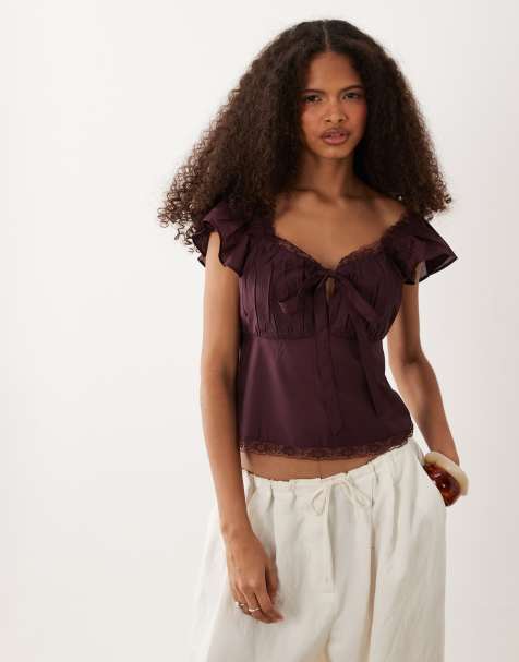Wednesday's Girl cap sleeve blouse with lace trip in plum - view 1