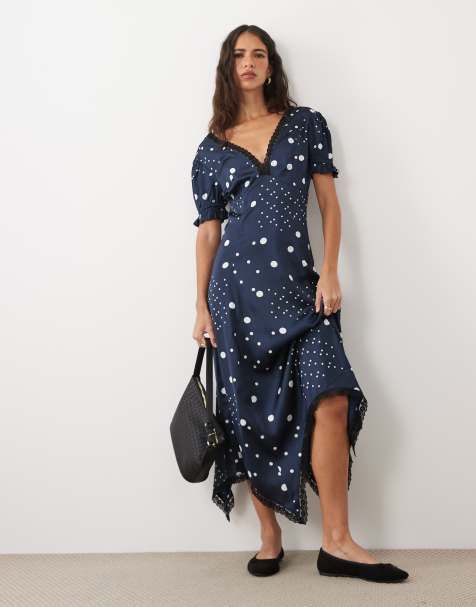 Wednesday's Girl cap sleeve satin midaxi dress with lace trim in navy polka dot - view 1