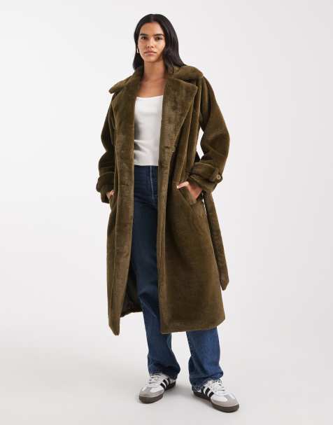 Wednesday's Girl - Cappotto al polpaccio in montone sintetico oliva intenso con cintura - view 1