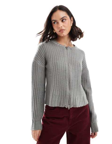 Wednesday's Girl - Cardigan grigio antracite a coste larghe con chiusura con zip - view 1