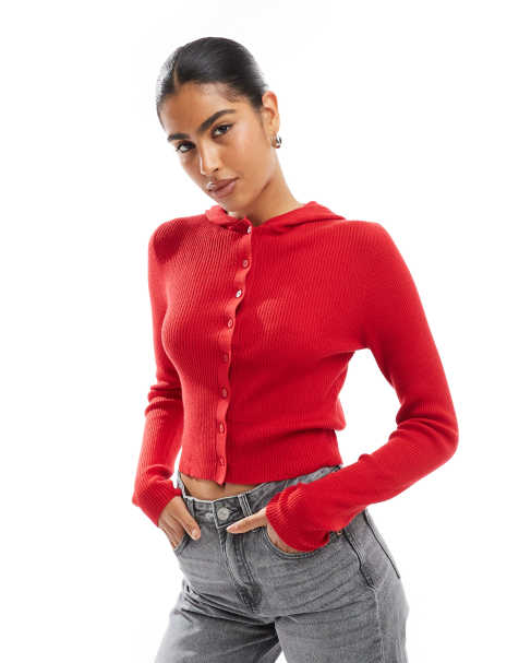 Wednesday's Girl - Cardigan rosso in maglia con cappuccio e bottoni - view 1