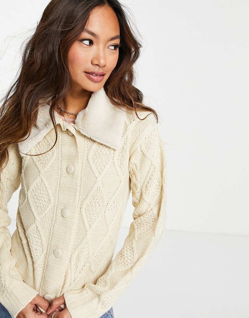 Wednesday's Girl cardigan with faux fur collar-Neutral