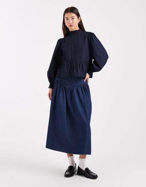 Wednesday's Girl chambray midi skirt in in dark indigo - view 1