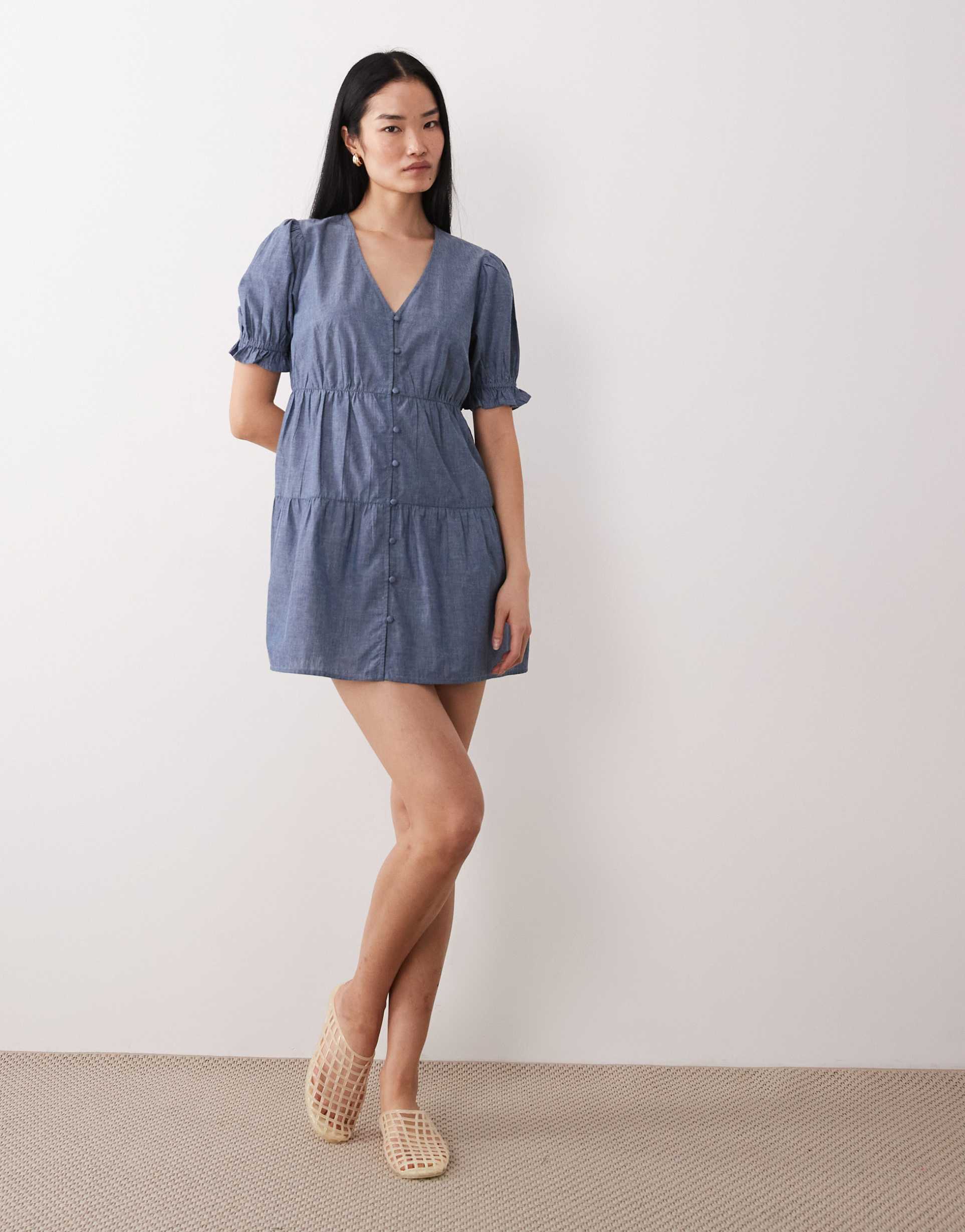 wednesday's girl chambray smock mini dress in blue