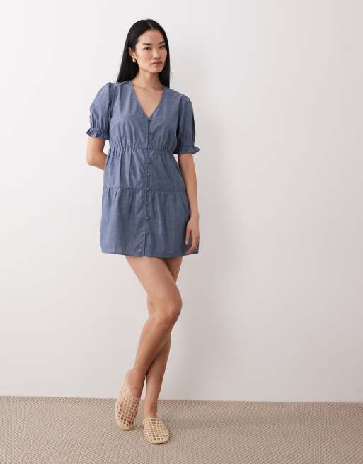Wednesday's Girl chambray smock mini dress in blue