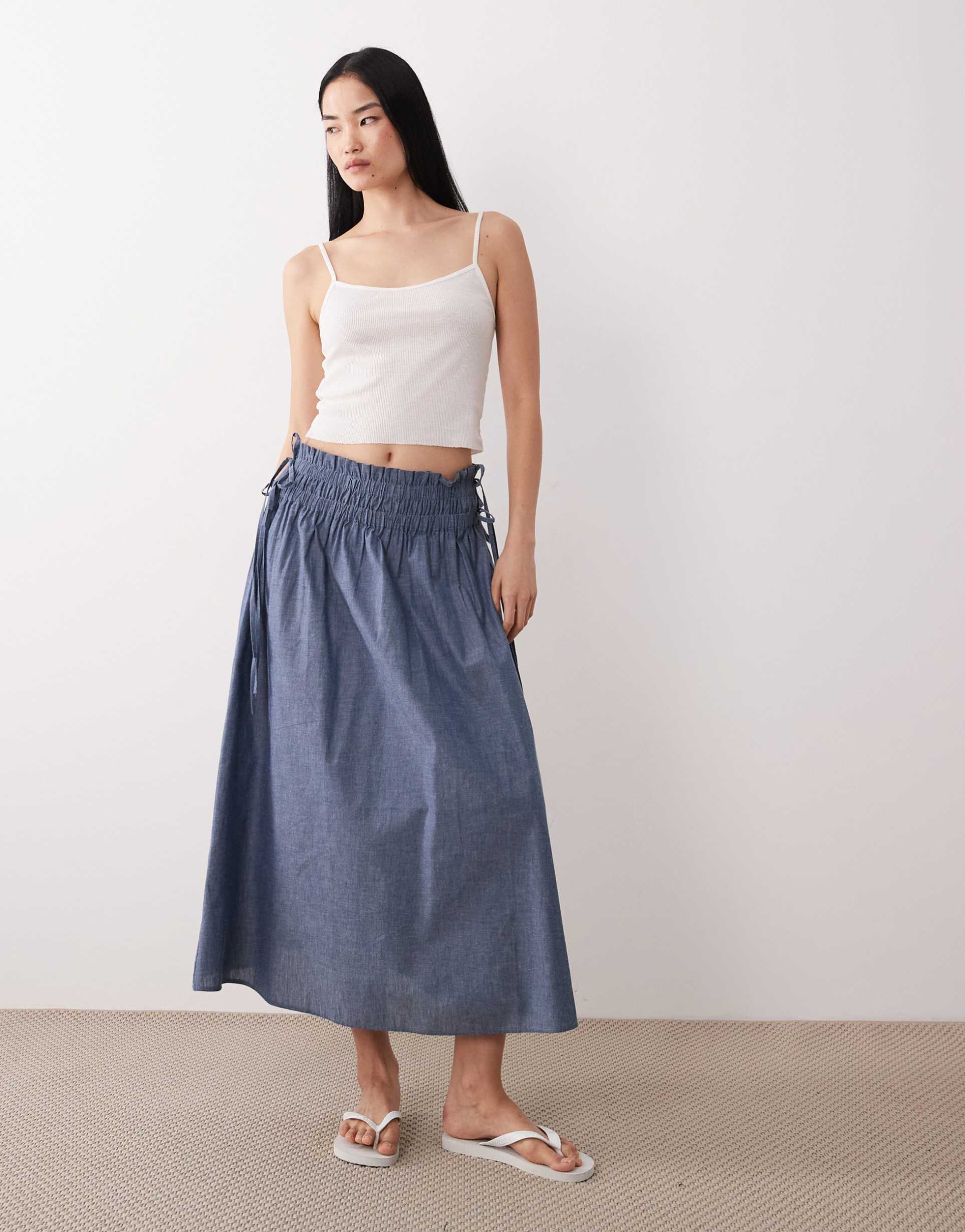 wednesday's girl chambray tie detail midaxi skirt in blue