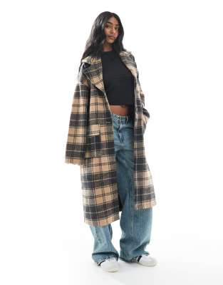 Wednesday's Girl Wednesday's Girl check coccon overcoat in camel-Brown