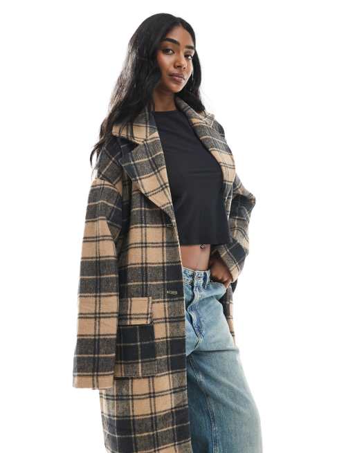 Wednesday's Girl check coccon overcoat in camel, 3 of 4