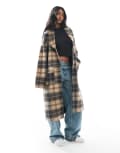 [Wednesday's Girl] Wednesday's Girl check cocoon overcoat in camel-Brown S CAMEL