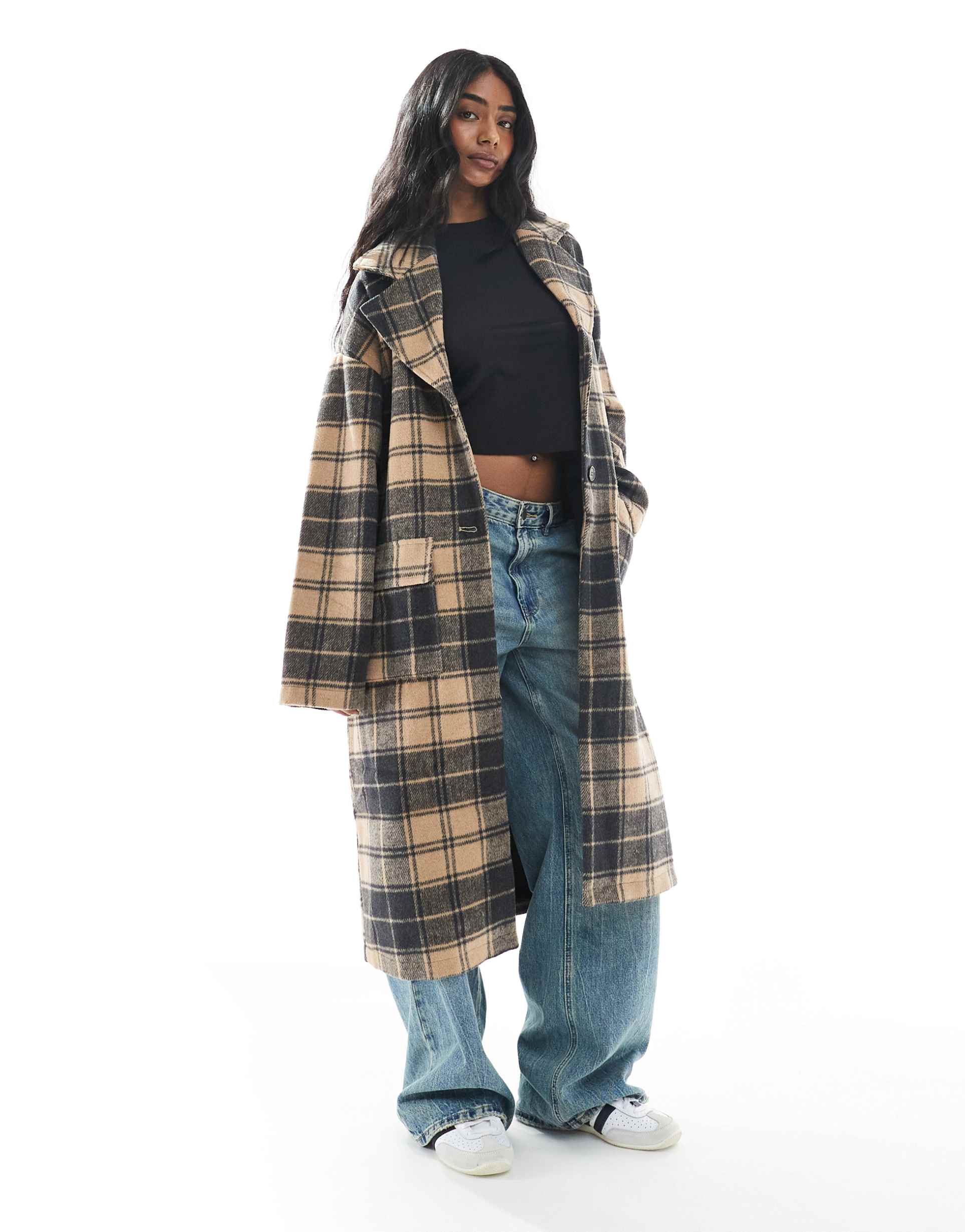 wednesday's girl check cocoon overcoat in camel