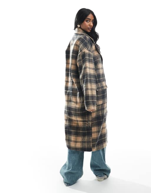 Wednesday's Girl check cocoon overcoat in camel