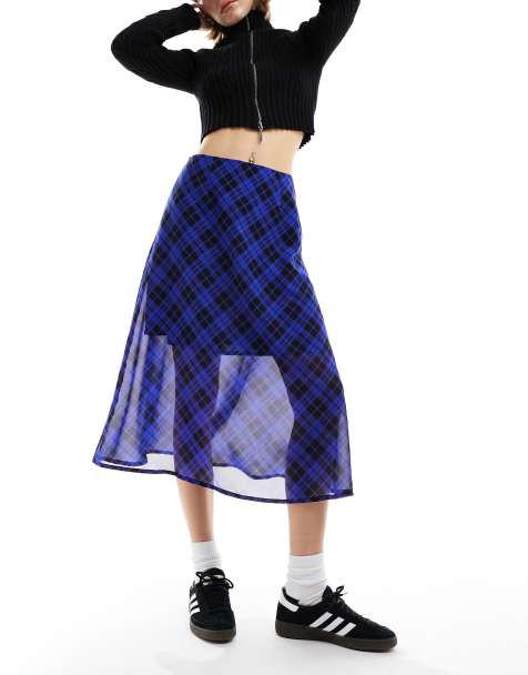 Wednesday's Girl check print floaty mesh midi skirt in blue and black - view 1