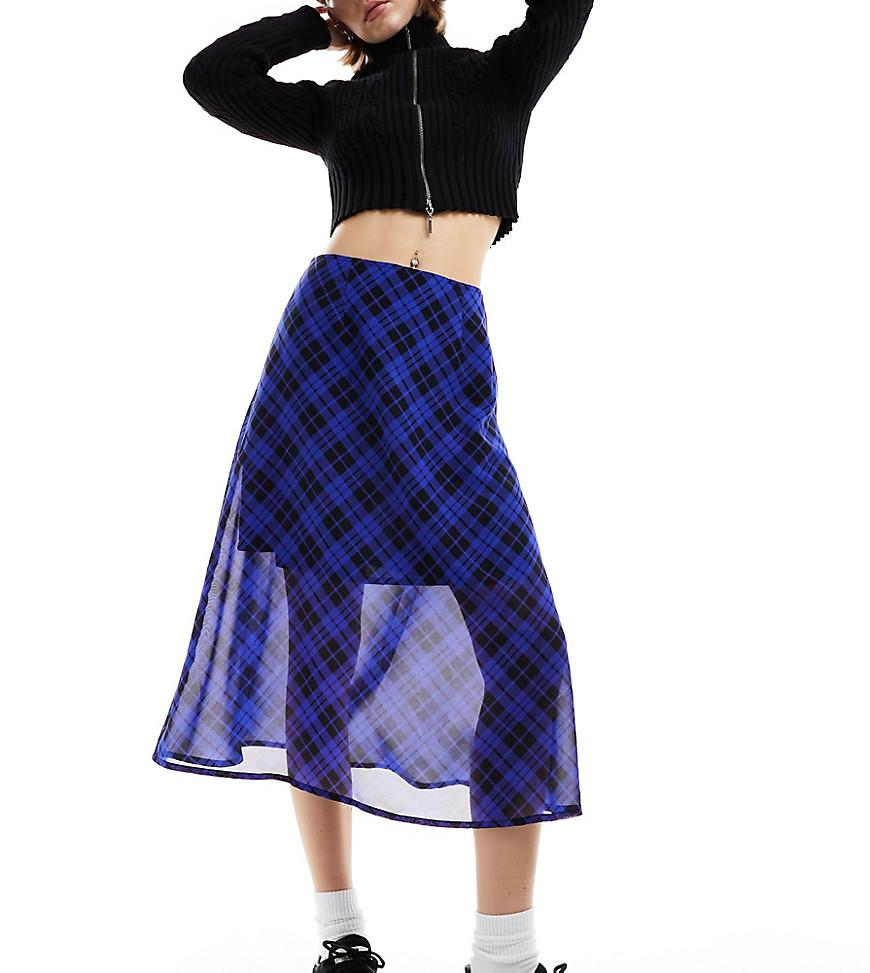Wednesday’s Girl check print floaty mesh midi skirt in blue and black