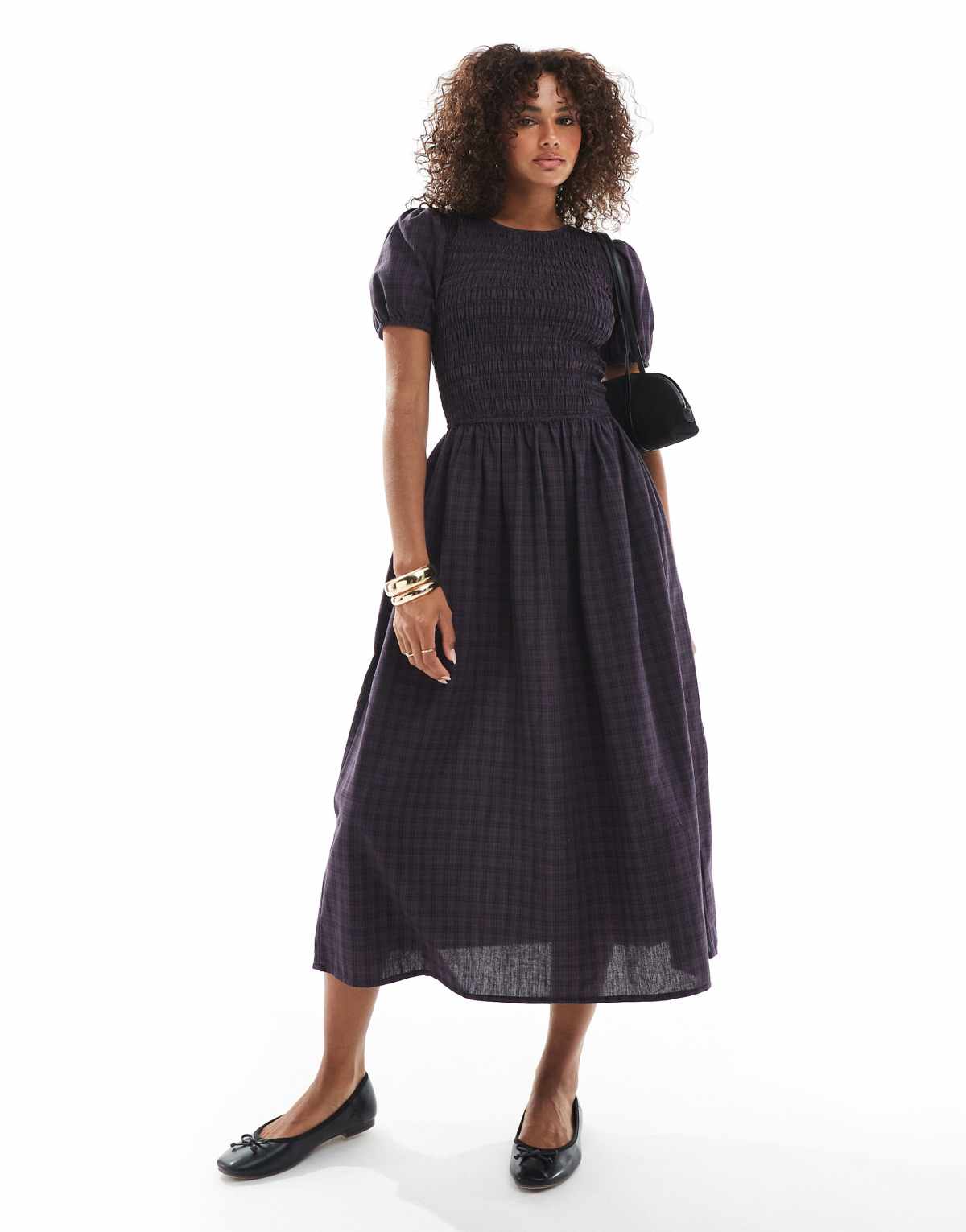 Wednesday's Girl check print shirred midaxi dress in multi