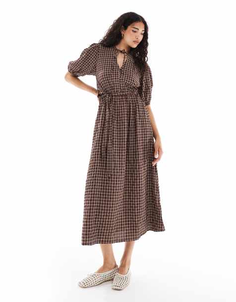 Wednesday's Girl check print tie-waist midaxi dress in brown - view 1