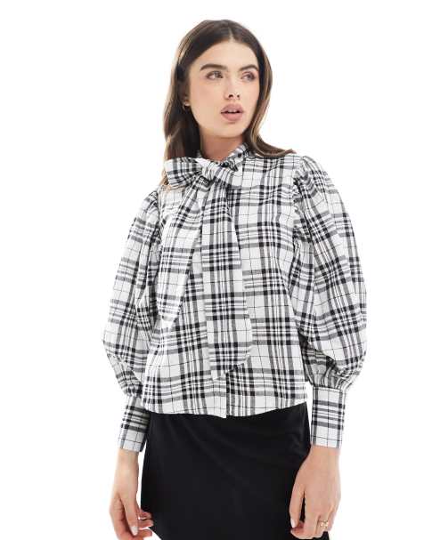 Wednesday's Girl check pussybow blouse in beige - view 1