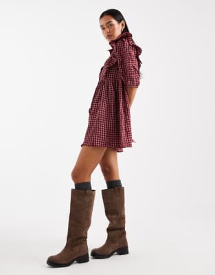 Wednesday's Girl check ruffle detail mini smock dress in dark red | ASOS