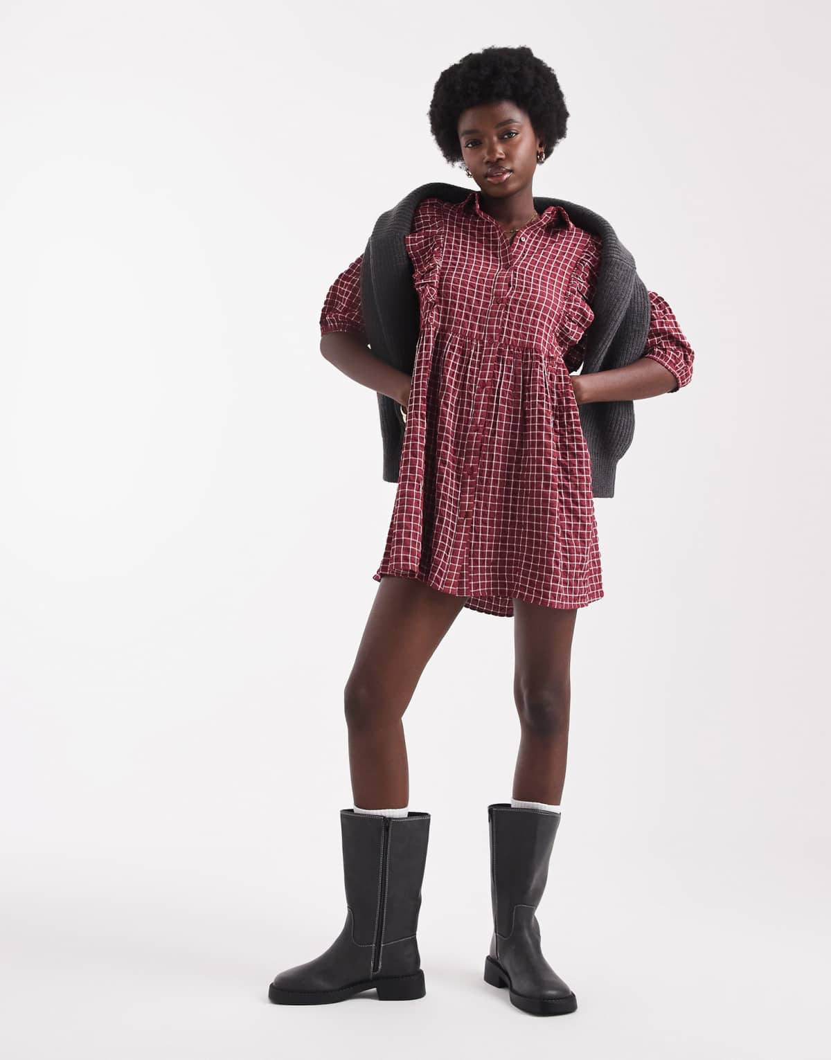 Wednesday's Girl check ruffle detail mini smock dress in dark red