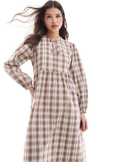 Wednesday's Girl check smock midaxi dress in grey