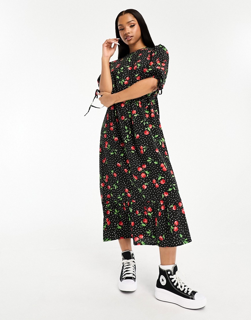 Wednesday's Girl cherry dot midaxi smock dress in multi-Black