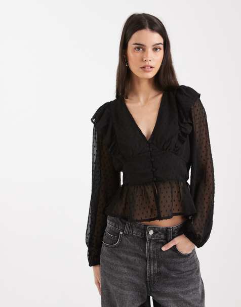 Wednesdays Girl chiffon dobby long sleeve top in black - view 1