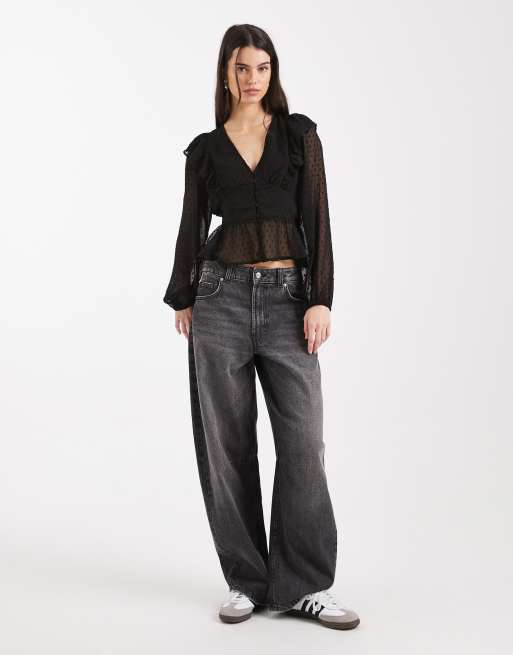 Wednesdays Girl chiffon dobby long sleeve top in black, 2 of 4