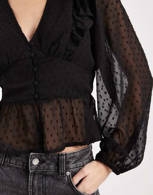 Wednesdays Girl chiffon dobby long sleeve top in black, 3 of 4