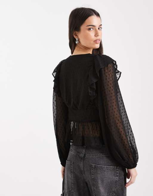 Wednesdays Girl chiffon dobby long sleeve top in black, 4 of 4