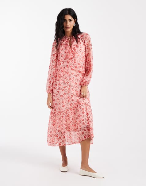 Wednesday's Girl chiffon frill detail midaxi dress in pink red floral - view 1