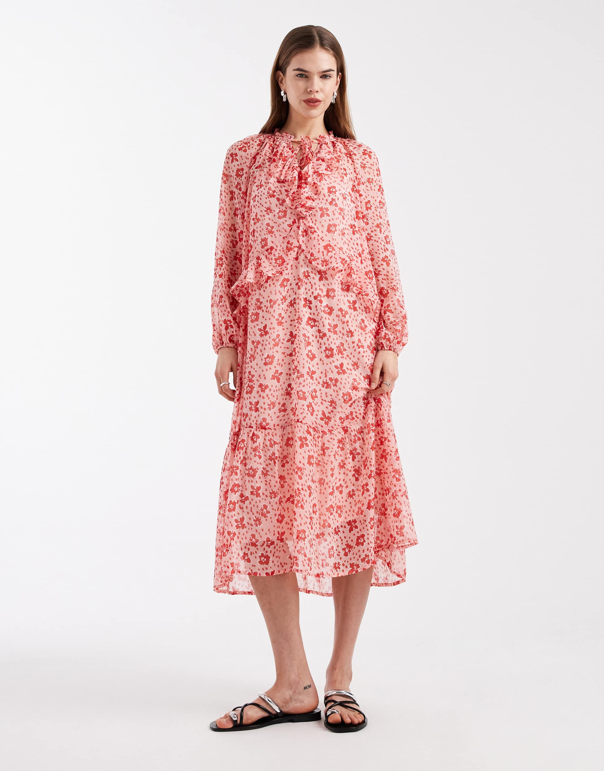 wednesday's girl chiffon frill detail midaxi dress in pink red floral