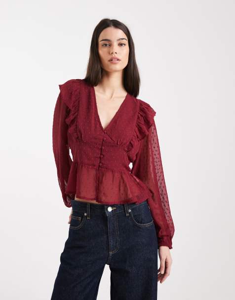 Wednesday's Girl chiffon textured long sleeve top in berry - view 1