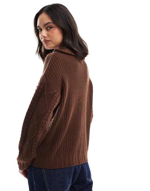 Wednesday's Girl chunky rib zip detail jumper in coco brown | ASOS