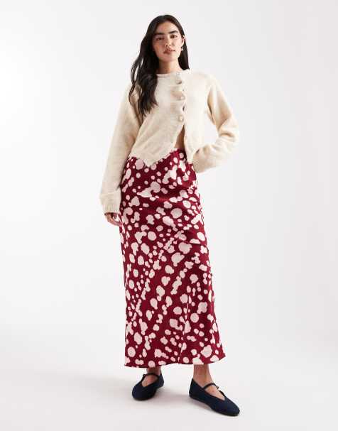 Wednesday's Girl smudgy dot print bias cut midaxi skirt in burgundy and pink
